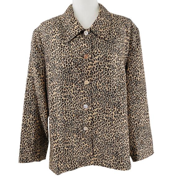 Silkland Brown Silk Animal Print Long Sleeve Button Down Leopard Shirt Blouse 1X - Picture 1 of 12